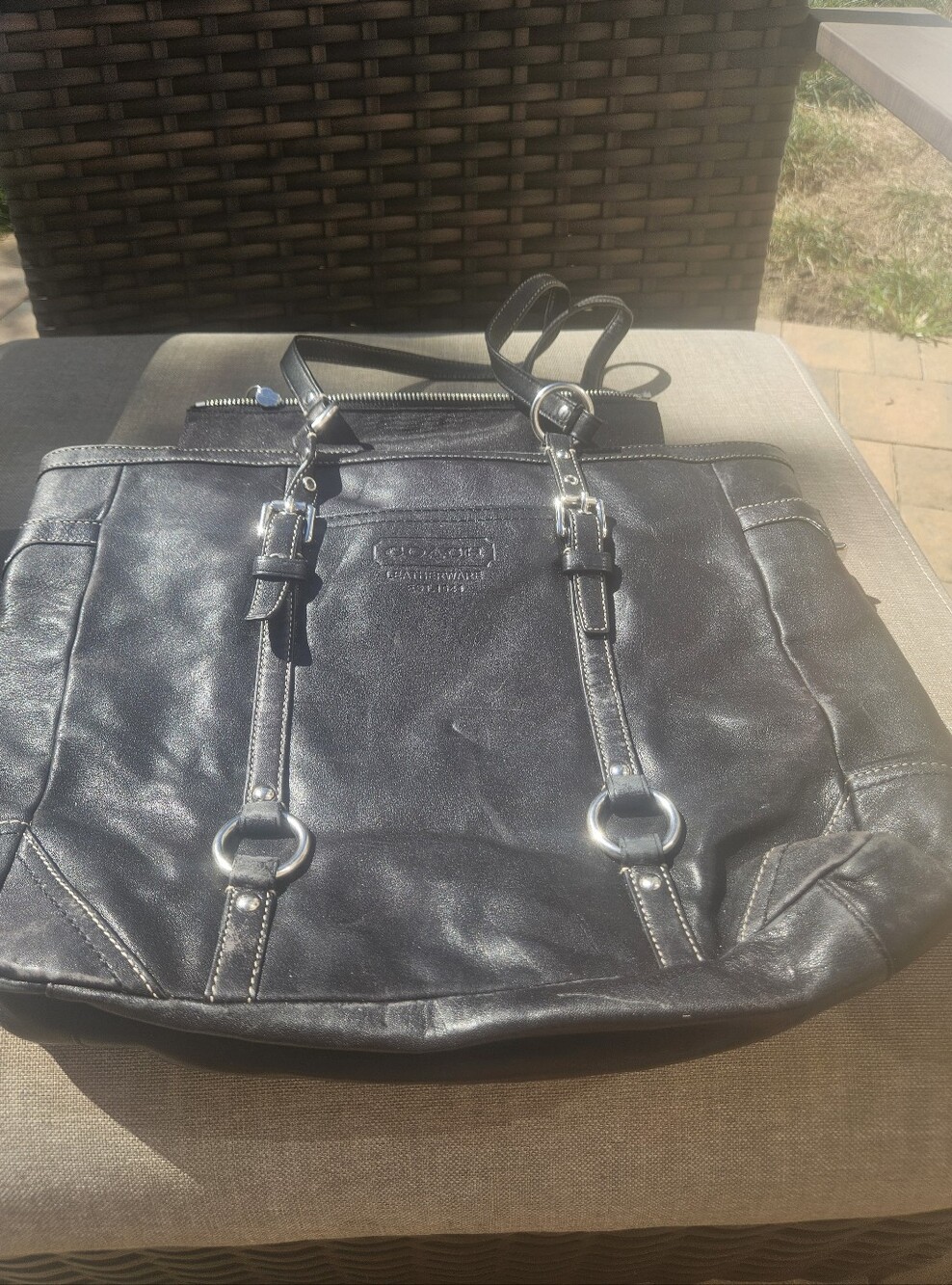 Coach Black Leather Laptop Tote with Silver Hardware